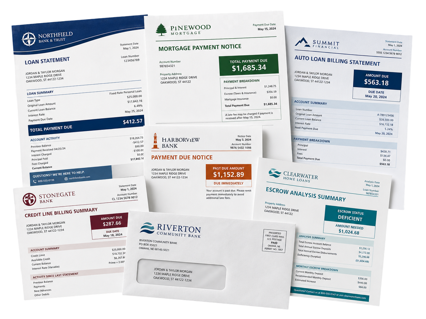 A spread of billing statements, loan disclosure packets, and #10 window envelopes illustrating BDI's billing and loan-document production.