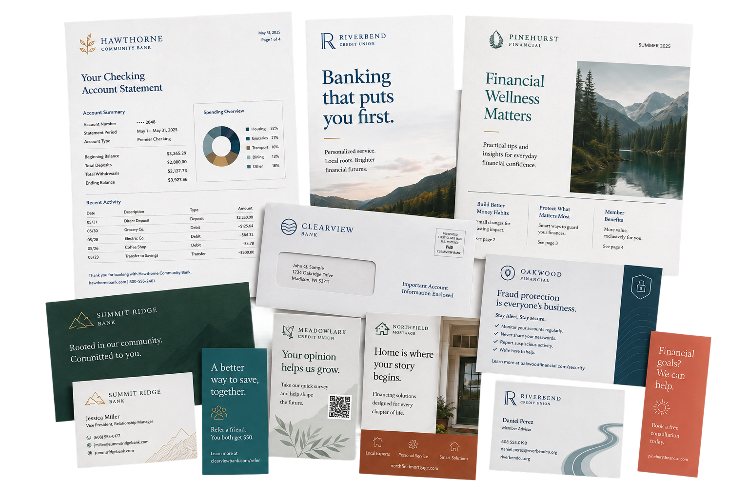 A spread of brochures, postcards, newsletters, and business stationery illustrating BDI's in-house graphic design and press production.