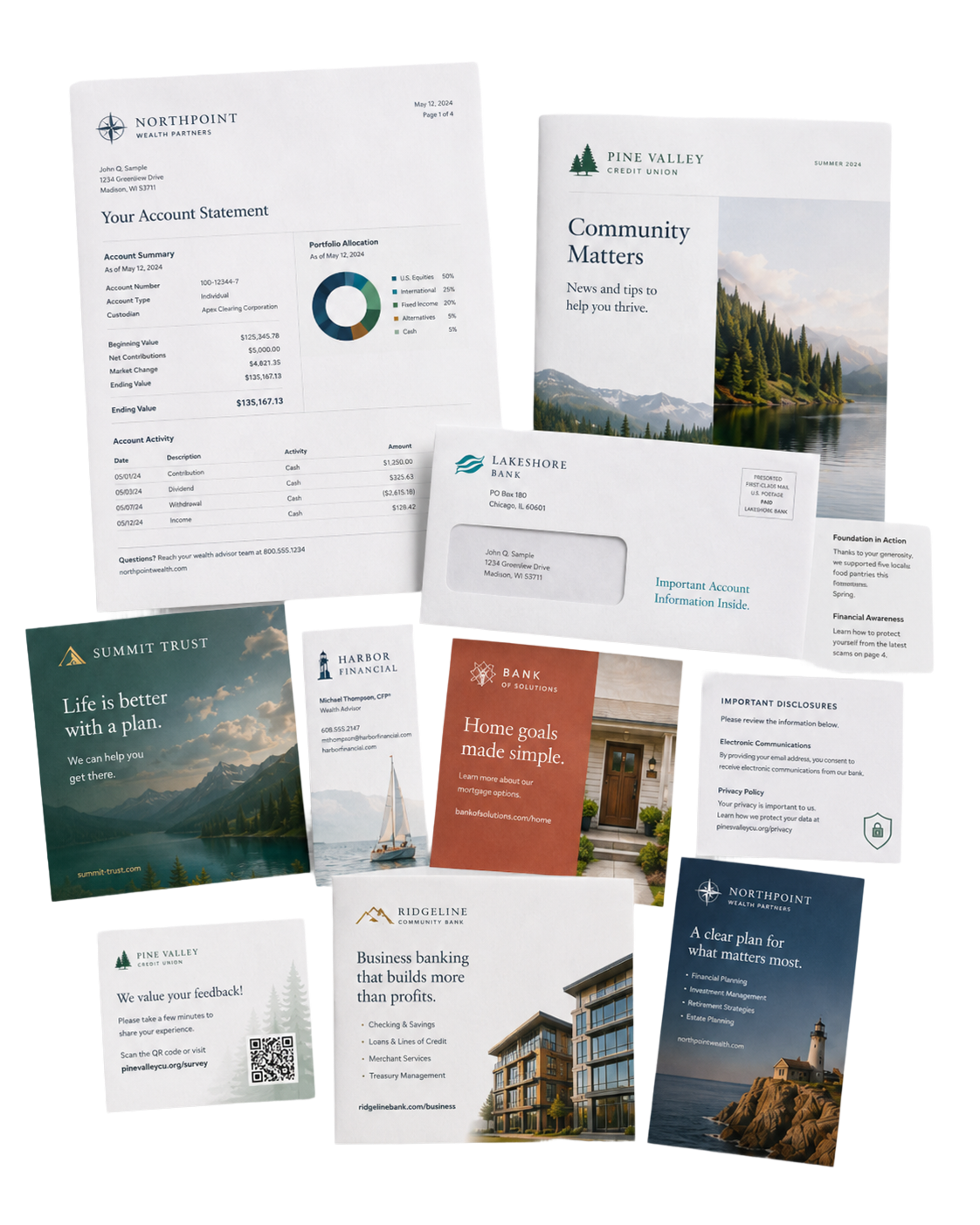 A tall spread of campaign mailers, postcards, brochures, and inserts illustrating BDI's multi-channel marketing campaign production.
