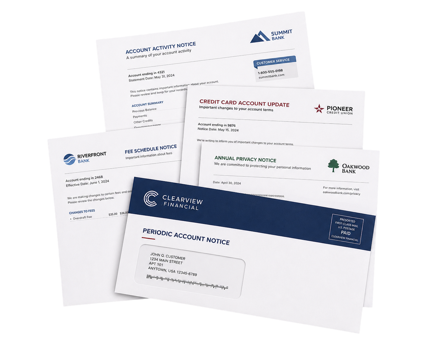 A spread of periodic notice cards, loan coupon booklets, and #10 window envelopes illustrating BDI's notice production workflow.
