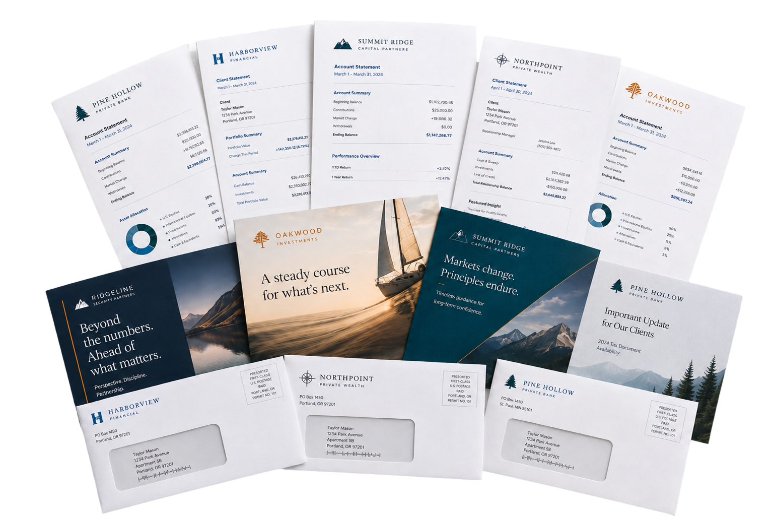 A fanned spread of financial institution statements, brochures, and #10 window envelopes showing the range of document types BDI produces.