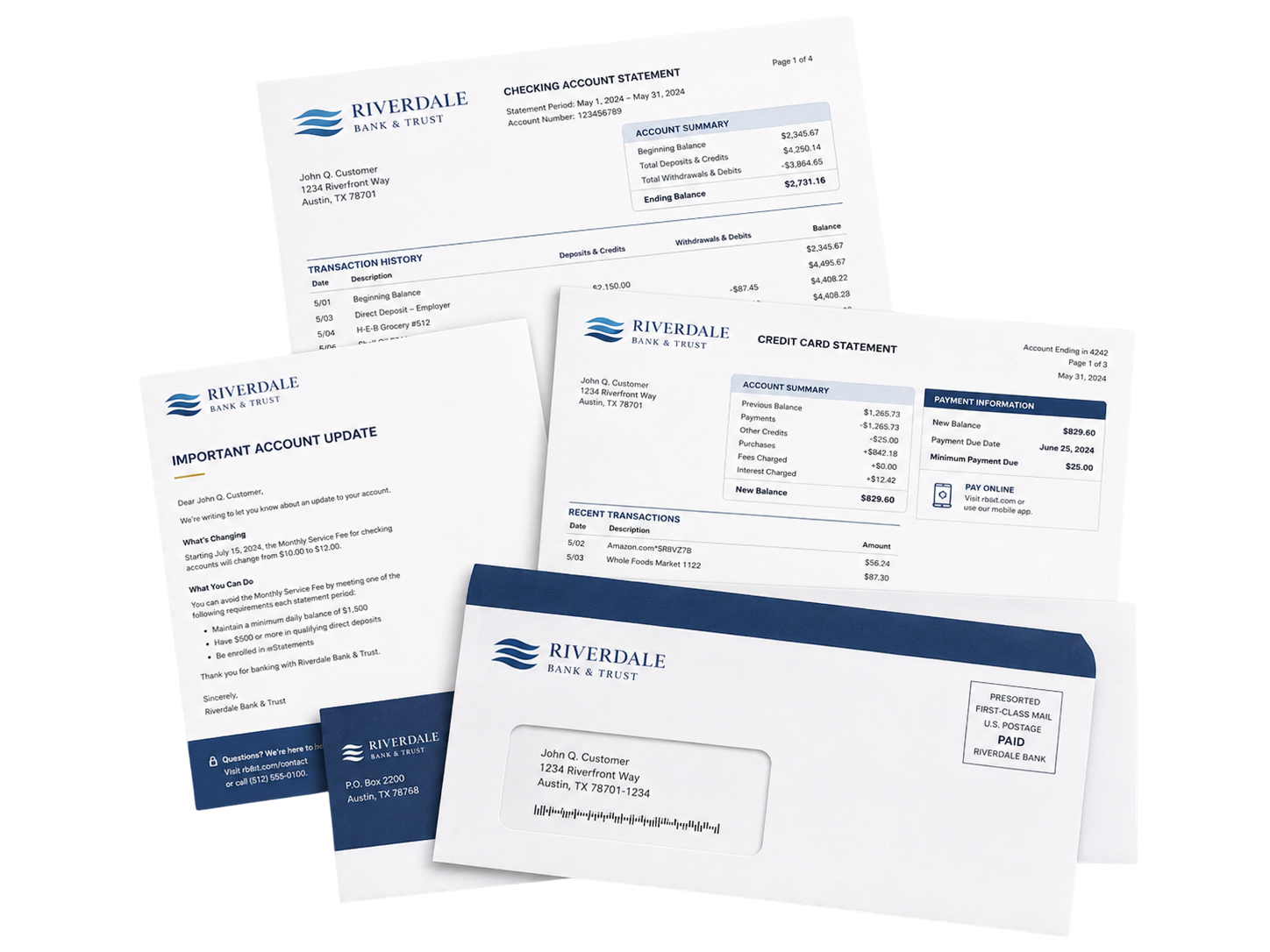 A spread of 1098, 1099, and consolidated tax statements alongside #10 window envelopes, illustrating BDI's seasonal tax-form printing and mailing workflow.